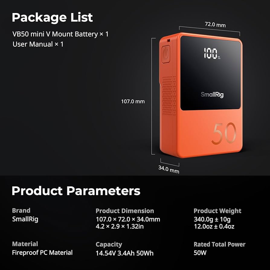 Amazon.com: SMALLRIG V Mount Battery VB50 Orange, 50Wh / 3400mAh V