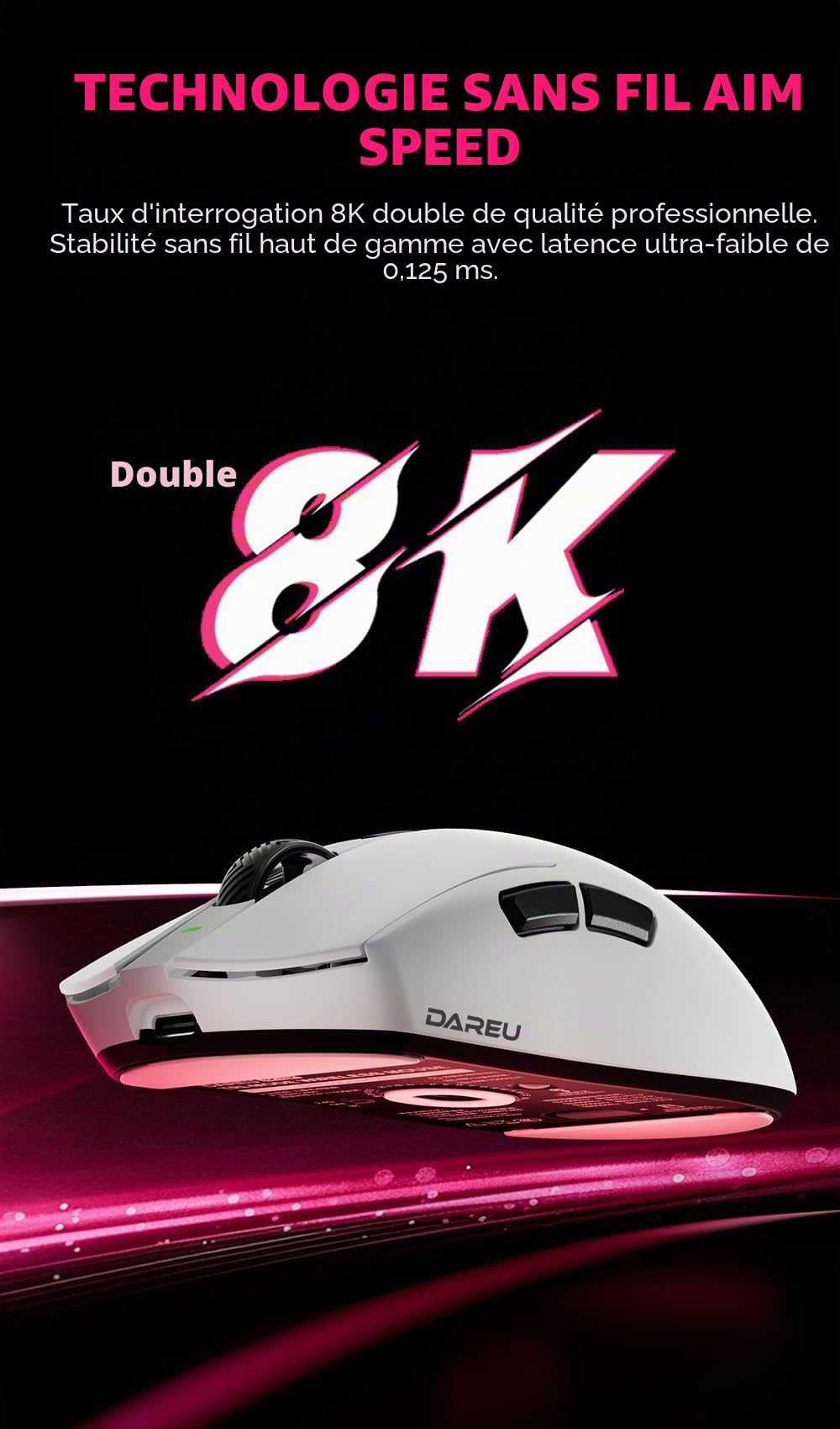 DAREU AE6 Pro Souris Gaming sans Fil RGB avec TFT Display Magnétique Charging Dock - Capteur PAW3950 Personnalisé avec 30K DPI, 750 IPS, Revêtement Excimer, 59 g, Batterie 500 mAh - Magenta