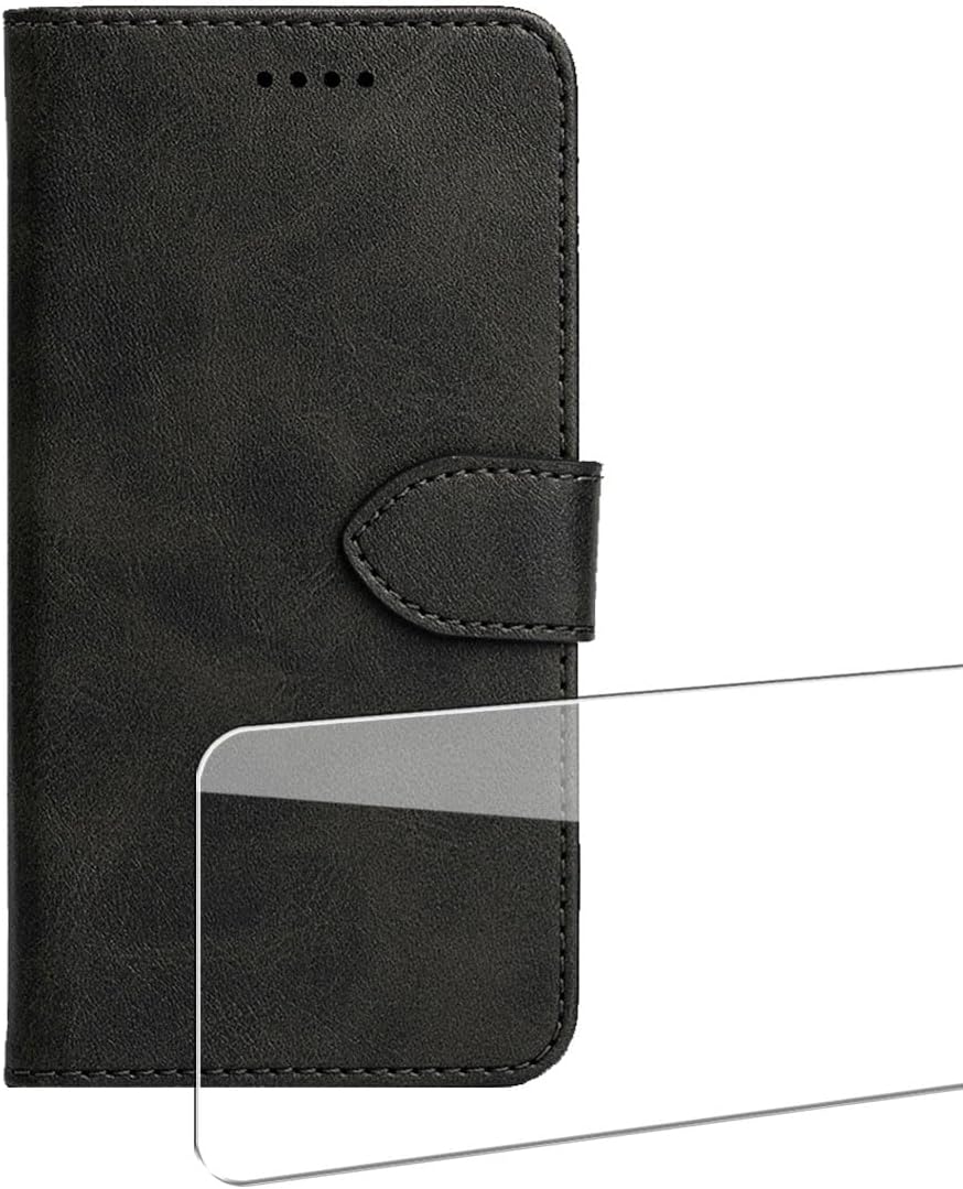 Magnetic for Fairphone 6 Leather Case + 1 Pcs Tempered Glass Screen Protector - Shockproof Leather Flip Credit Card Holder Stand Cell Accessories (Black)
