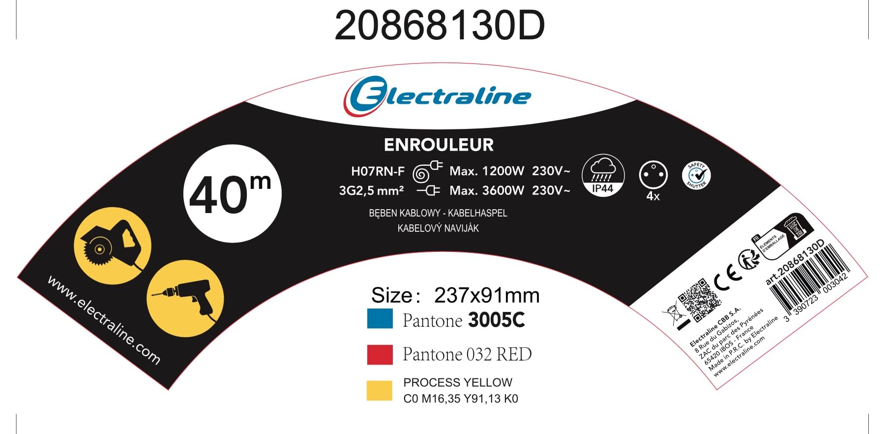 Electraline 20868130D Przedłużacz elektryczny IP44 Profesionnelle z nawijaczem 40M, gumowy kabel H07RN-F 3G2,5 mm², 4 gniazda 16A