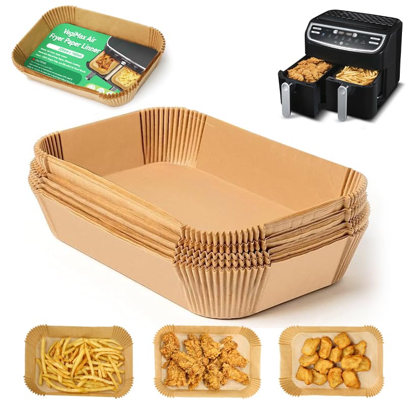 VegiMax 100 Pcs Air Fryer Liners | Paper Disposable Parchment Dinner Plates | Non-Stick Food Trays with Lids | Eco-Friendly Plates | Fryer Accessories | Best for Ninja, Salter & Dual Zone Air Fryer