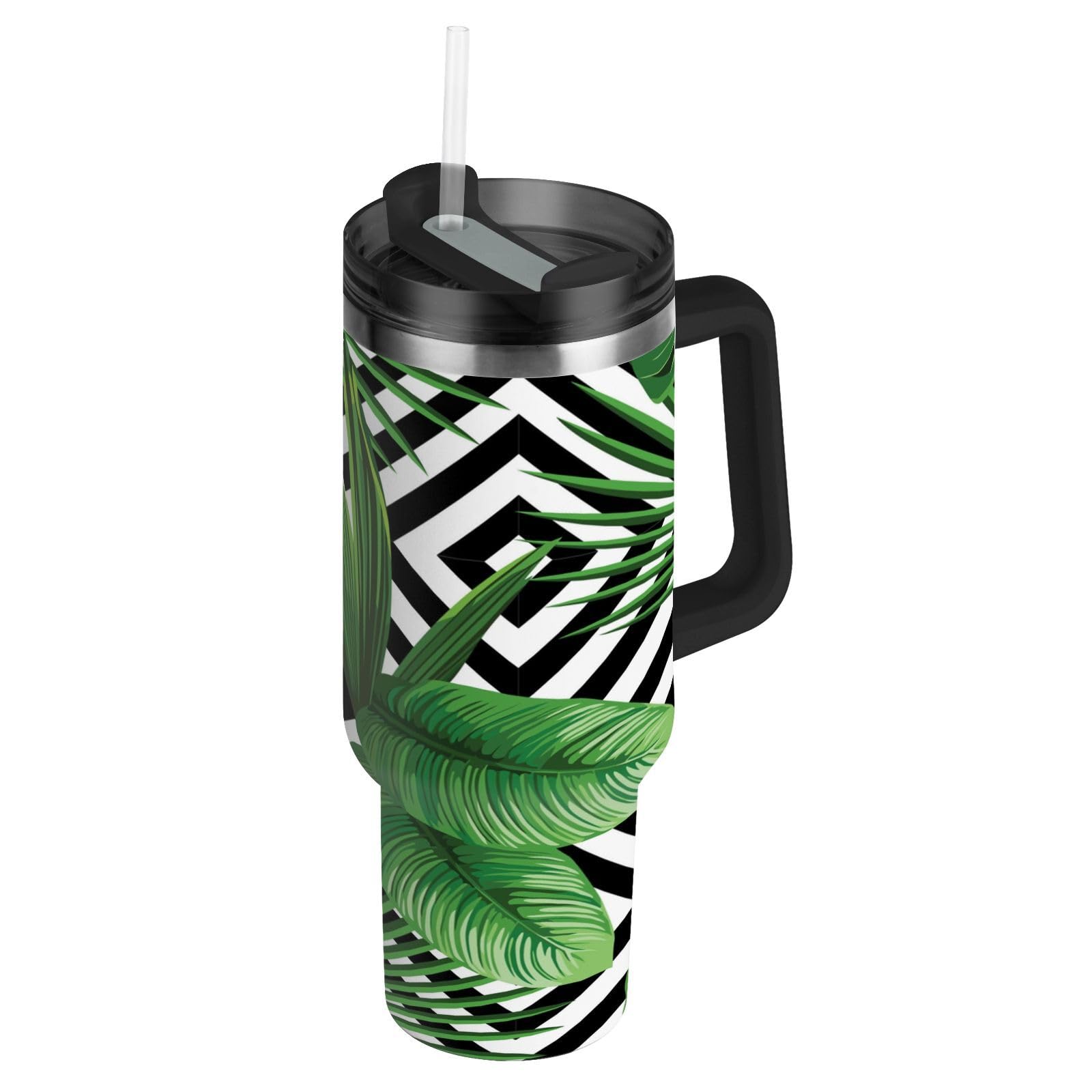 Isolierter Becher Palmenblätter, doppelwandige Edelstahl-Wasserflasche, Kaffeetasse, Reisebecher mit Griff, Strohhalm-Deckel