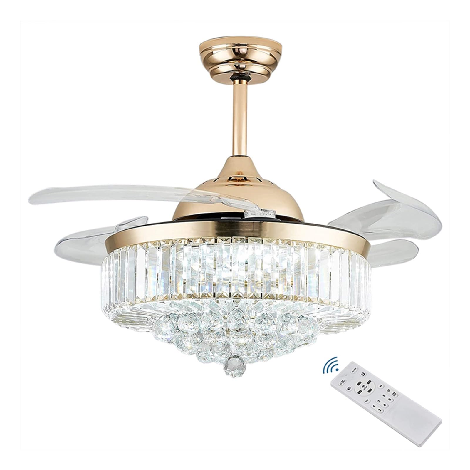 TRDEWR Chandelier Ceiling Fan Lighting, Crystal Ceiling Fan Light Dimmable Fandelier with Remote Control, Retractable Blade Ceiling Fan Good Light and Shadow Effects(Golden)