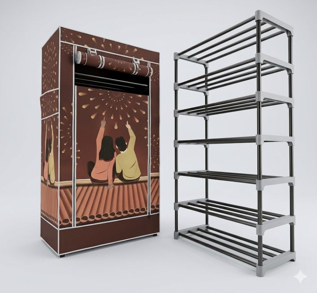 Chalia 6-Tier Multipurpose Storage Rack with Dreamscape Haven Illustrated Cover | Tall Fabric Closet for Clothes, Shoes & Essentials | Portable 6-Shelf Home Organizer (Chocolate Brown)-picture-13