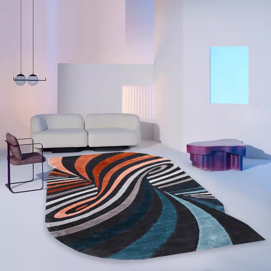 Colorful Vortex Striped Irregular Shape Designer Area Rug for Livingroom Bedroom Diningroom Ultra Soft Wool Abstract Modern Carpet Art Decor Home