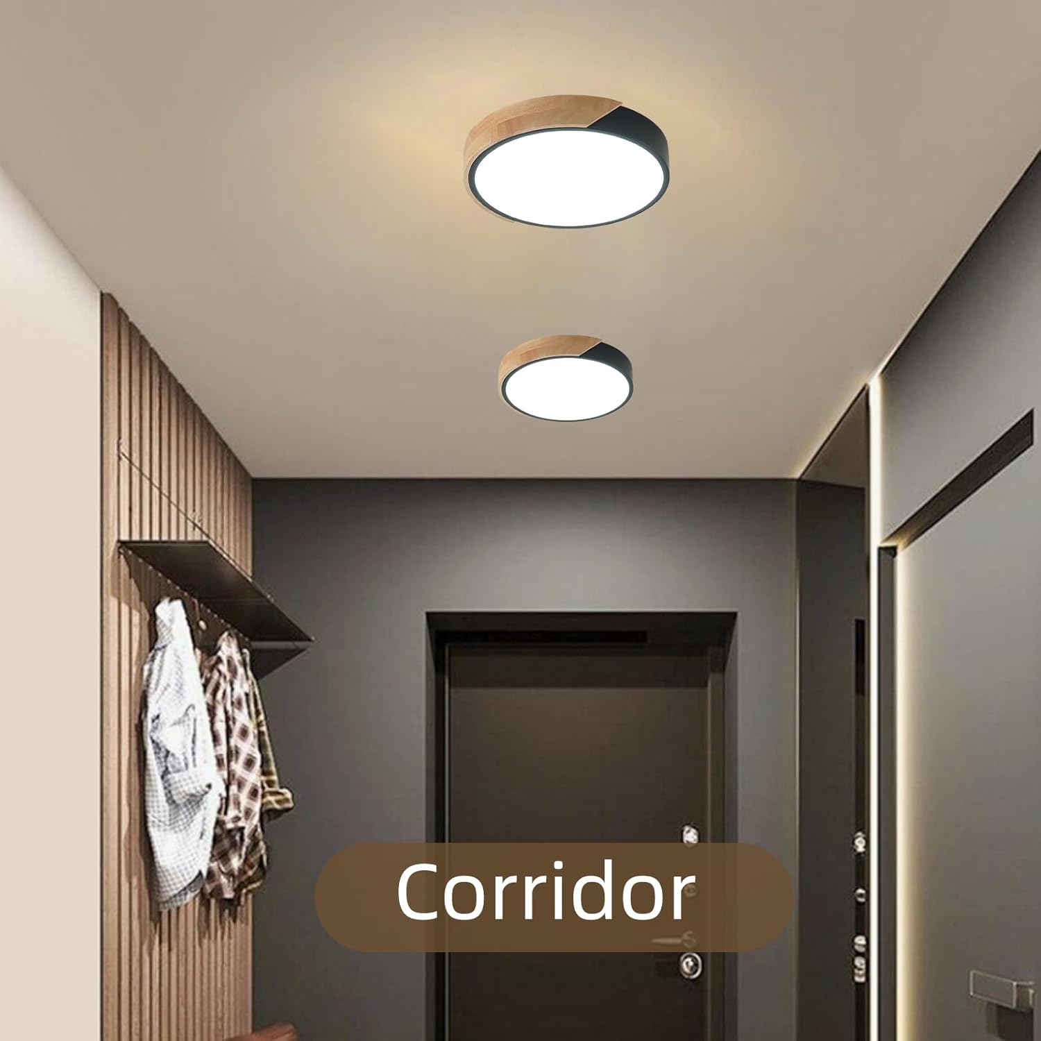Modern LED Ceiling Light, 2 Pack Wood Flush Mount Ceiling Lights, LED Kitchen Lights Hallway Light Fixtures for Bedroom Laundry Room (Black,11.8",6000K)