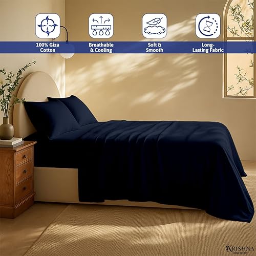 Miniatura 2 de KRISHNA Juego de sábanas de 4 piezas, 100% algodón egipcio Giza, ultra suave y transpirable, sábanas de calidad de hotel, se adapta a colchones de