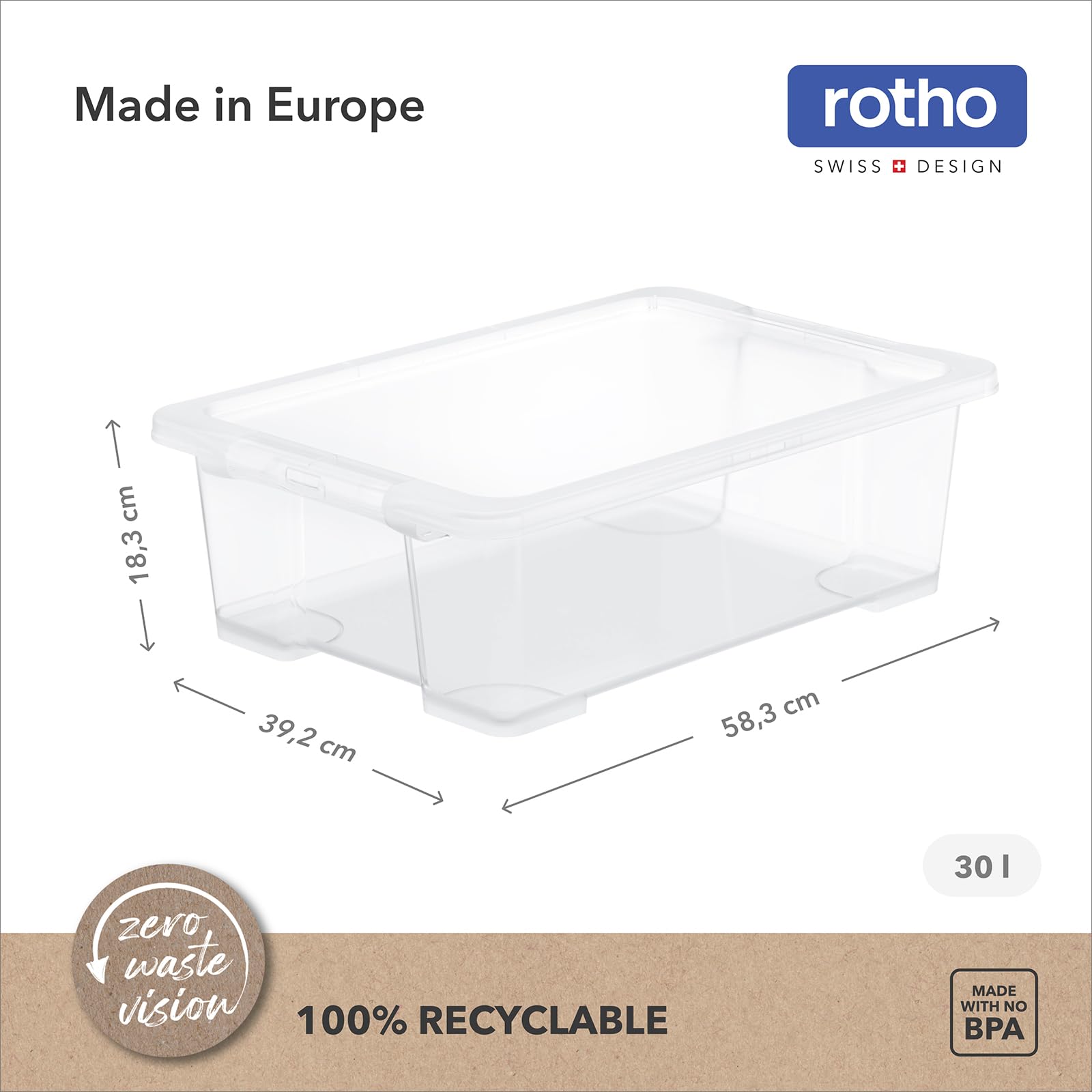 Rotho Core Basic - Set di 4 contenitori con coperchio, 30 l, trasparenti | Scatole impilabili con coperchio, richiudibili, stabili, salvaspazio, facili da pulire, trasparenti