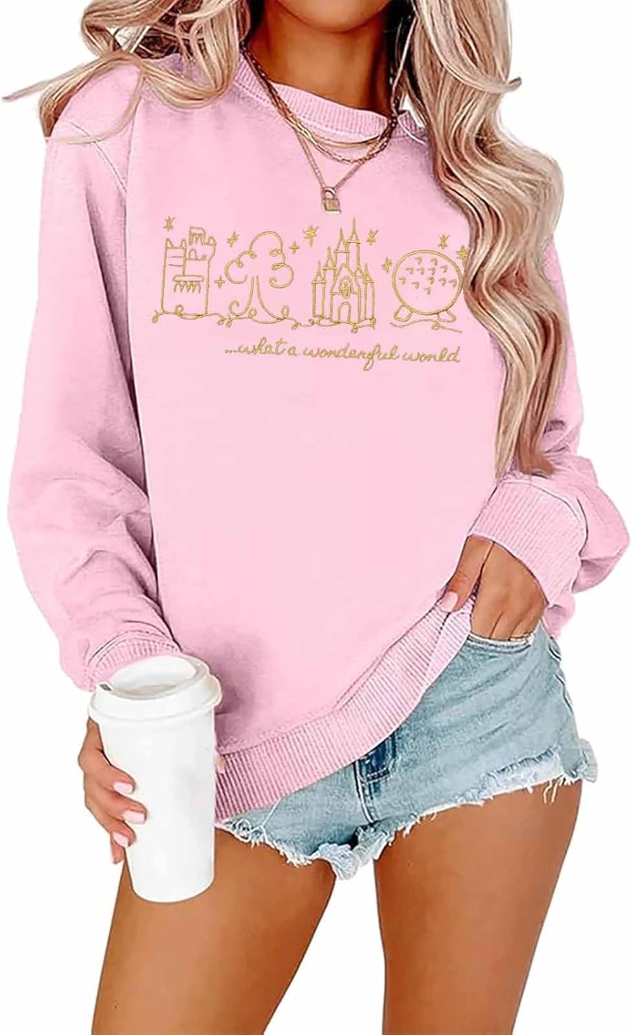 FRYAID Magic Kingdom Sweatshirts Women Funny Embroidered Magical World Castle Shirt Family Holiday Long Sleeve Pullover Tops