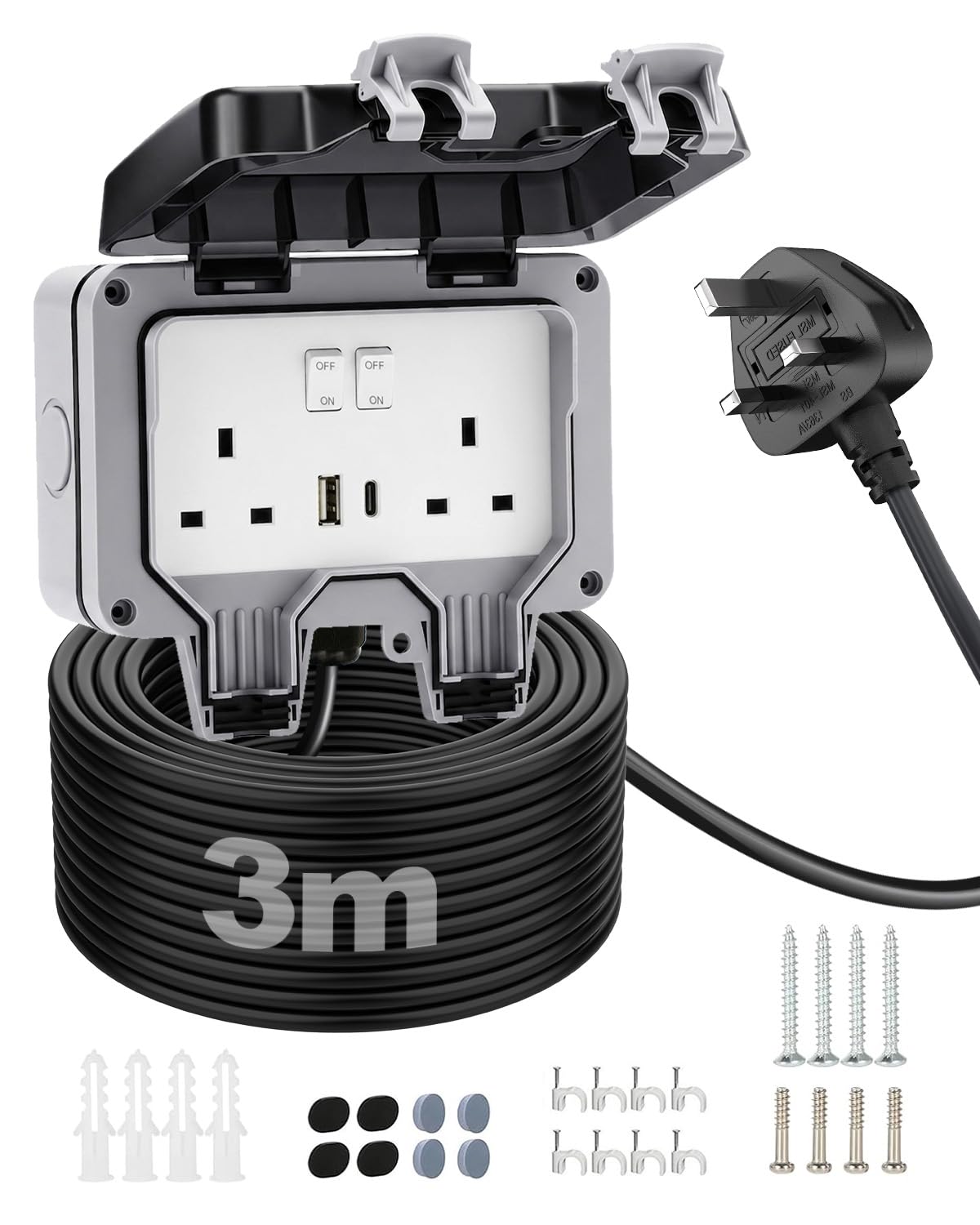 IP66 Waterproof Outdoor Double Plug Socket with 3m Extension Lead, USB & Type-C Charging Ports, 13A Weatherproof Wall Mounted Power Outlet with Individual Switches for Garden, Patio, Garage