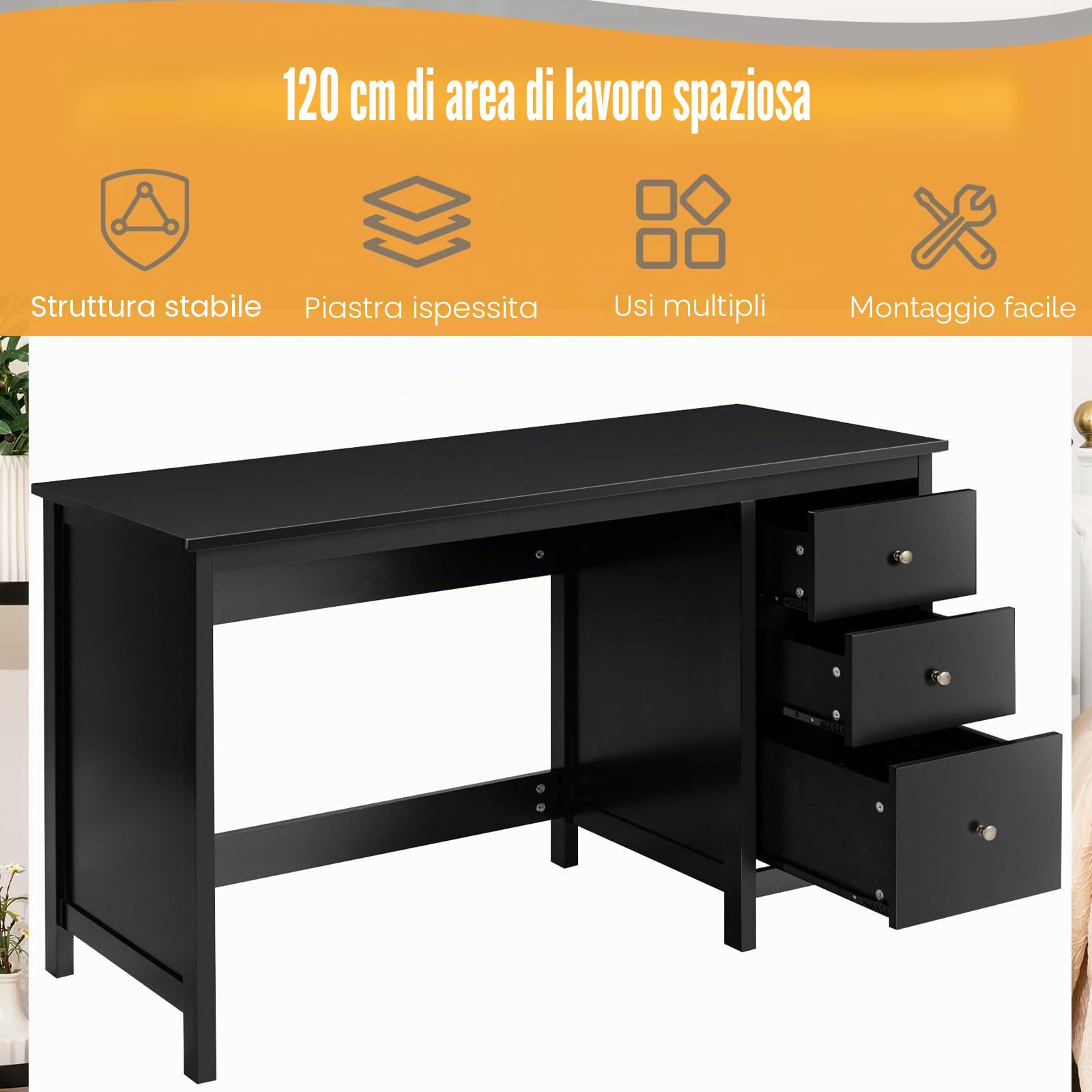 LIFEZEAL Scrivania Nera con 3 Cassetti, Scrivania Ufficio, 120x50x75 cm, Scrivania per Computer, Moderno, Semplice, Postazione di Lavoro, Scrittoio Porta PC, in Legno, per Studio, Max 55 kg