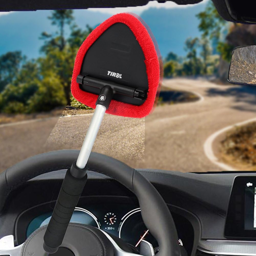 TIROL Window Clean Brush Windshield Microfiber Fabric Adjustable Triangular Shape Car Cleaning Supplies Lengthen Black Handle (Extendable 28-47CM) Car Clean Tool