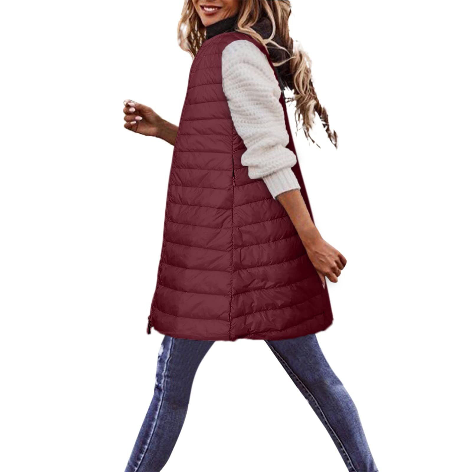 Generisch Piumino da donna, taglie forti, lungo, invernale, sottile, leggero, con tasche (rosso, XL)