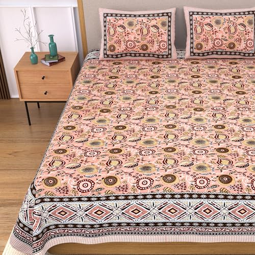 Image of India 100% Pure Cotton Jaipuri Printed Double Bedsheet with 2 Pillow Covers | Traditional Sanganeri Floral Design | Soft Breathable Fabric | King Size Bedsheet for Bedroom (Kaya53)