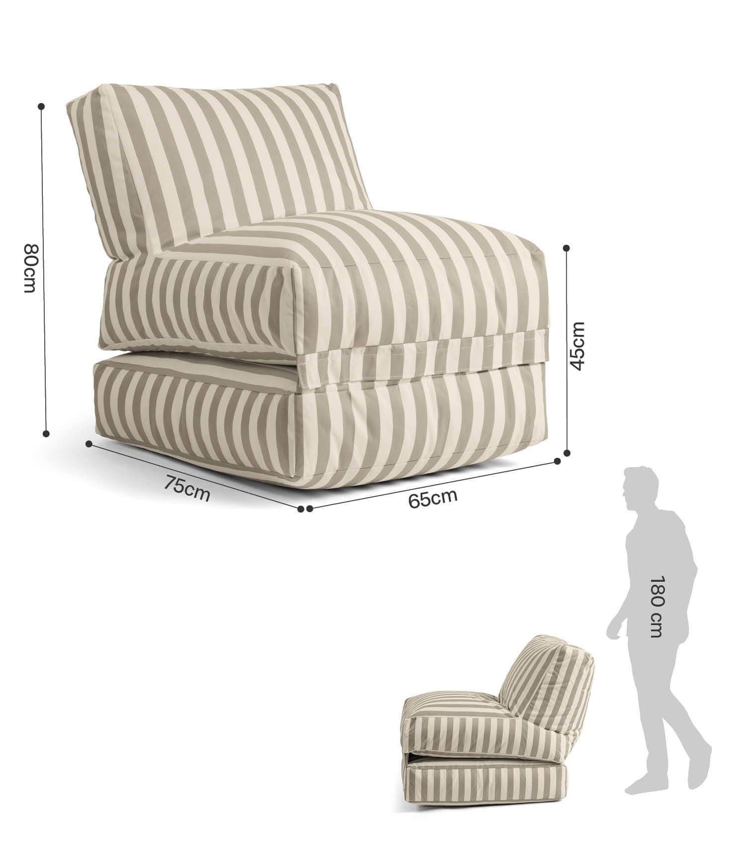 mokebo Outdoor Sitzsack XXL 'Der Summerdream' wetterfest & wasserabweisend, Bean Bag mit Füllung Gartenliege Relaxliege, Outdoorkissen für Balkon und Garten Cream-Lichtgrau gestreift