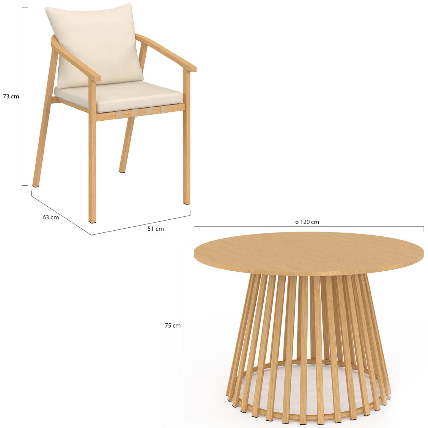 IDMarket - Salon de Jardin SOLAL Table Ronde 120 cm avec Pied Lattes en métal et 6 chaises de Jardin avec lanières et Coussins Beiges