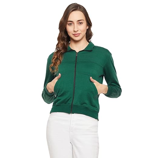 Women's Solid Green Stylish Zipper Sweatshirt with Pocket (Green)