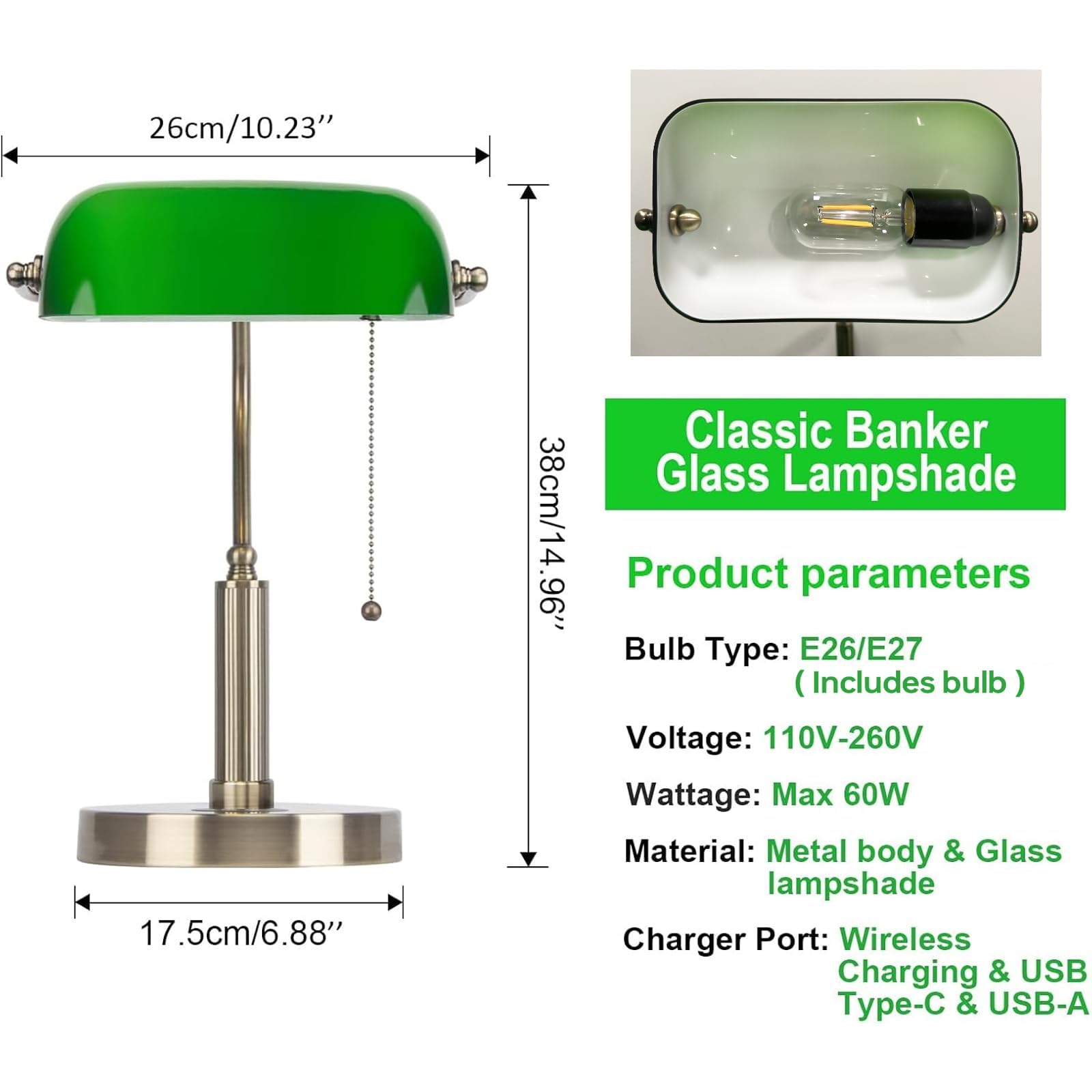 FIRVRE Bankers, zielona szklana lampka na biurko, stolik nocny, lampka z bezprzewodowym ładowaniem, port USB, vintage, mosiądz, łańcuch ciągnący, przełącznik, klasyczna lampa stołowa do domu, biura