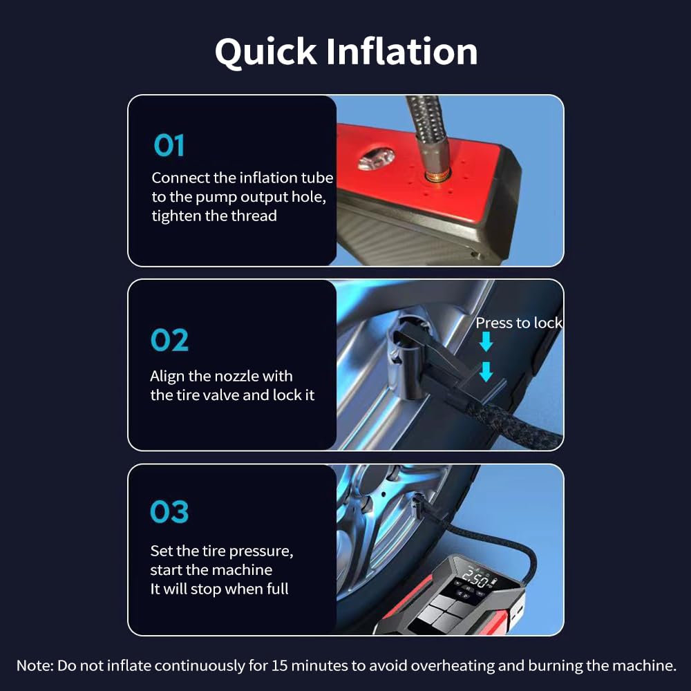 Compresor de aire portátil inflador de neumáticos, bomba de aire eléctrica inalámbrica, arrancador de salto de 10000 mAh 1000 A y compresor de aire con pantalla LED de luz LED para coche, motocicleta