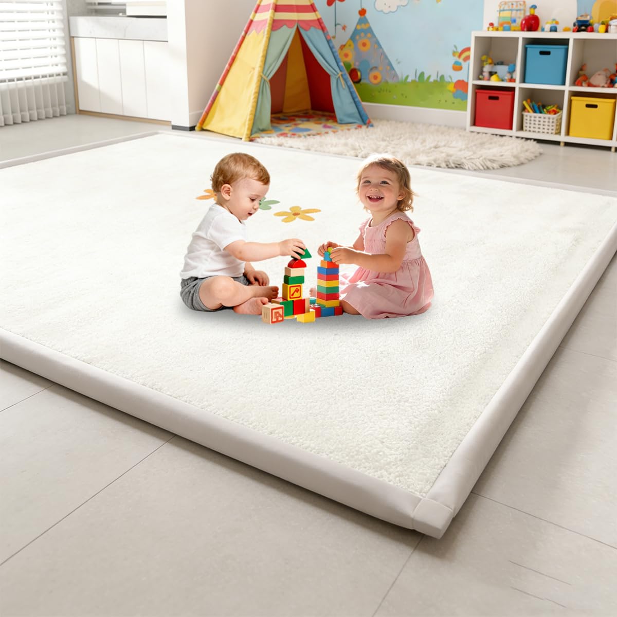 Voxirum 2.5 CM Thick Large Baby Play Mat, Coral Velvet Kids Rug, Extra Soft Activity Floor Mat, Carpet Crawling Mats for Crawling, Soft Play and Tummy Time - Easy Care Rug White 120 x 150 cm