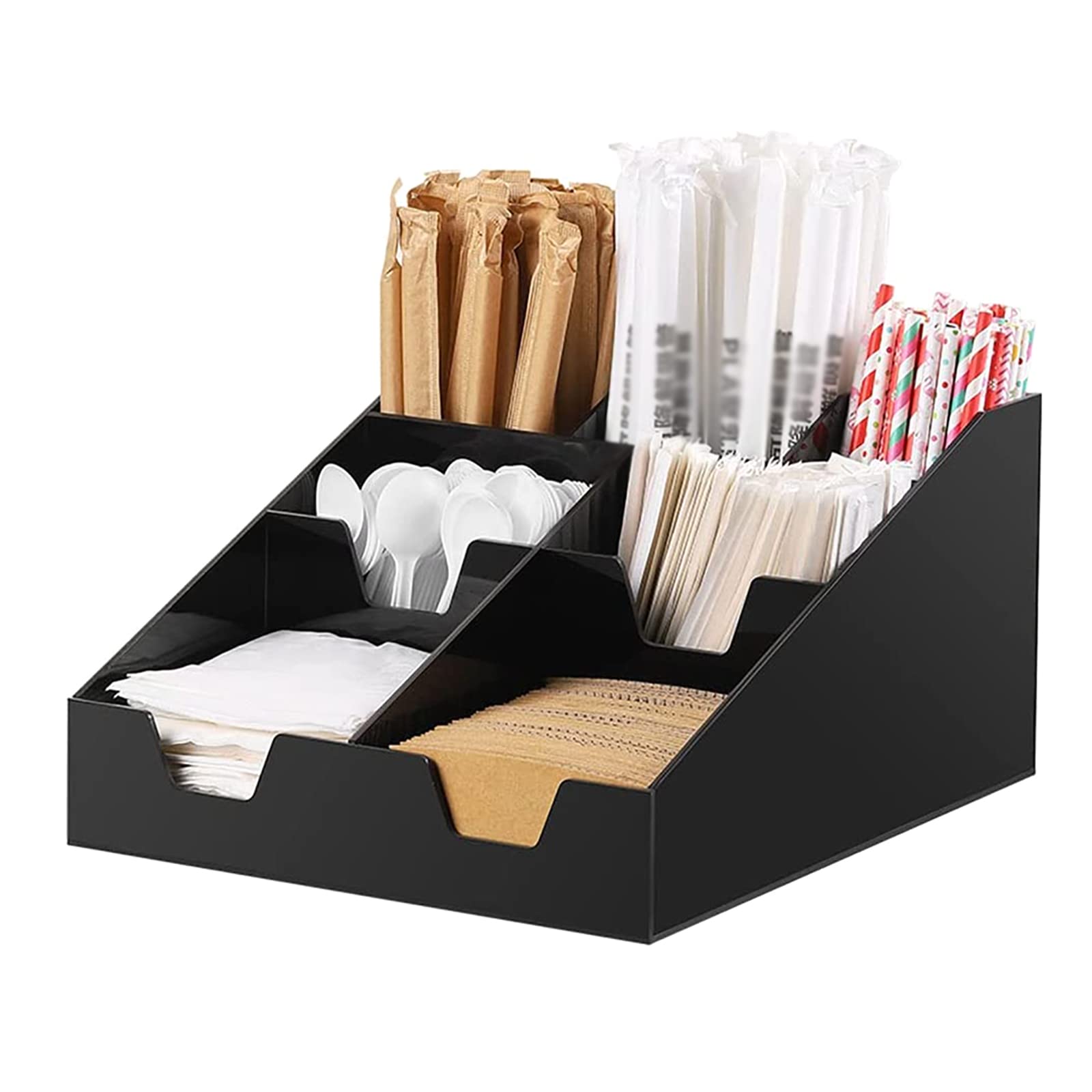 Organizer na kawę, stalowy uchwyt na pokrywkę kubka, tacka na przyprawy do kawy, 7 przegródek, akryl, 28 x 32,7 x 16,6 cm