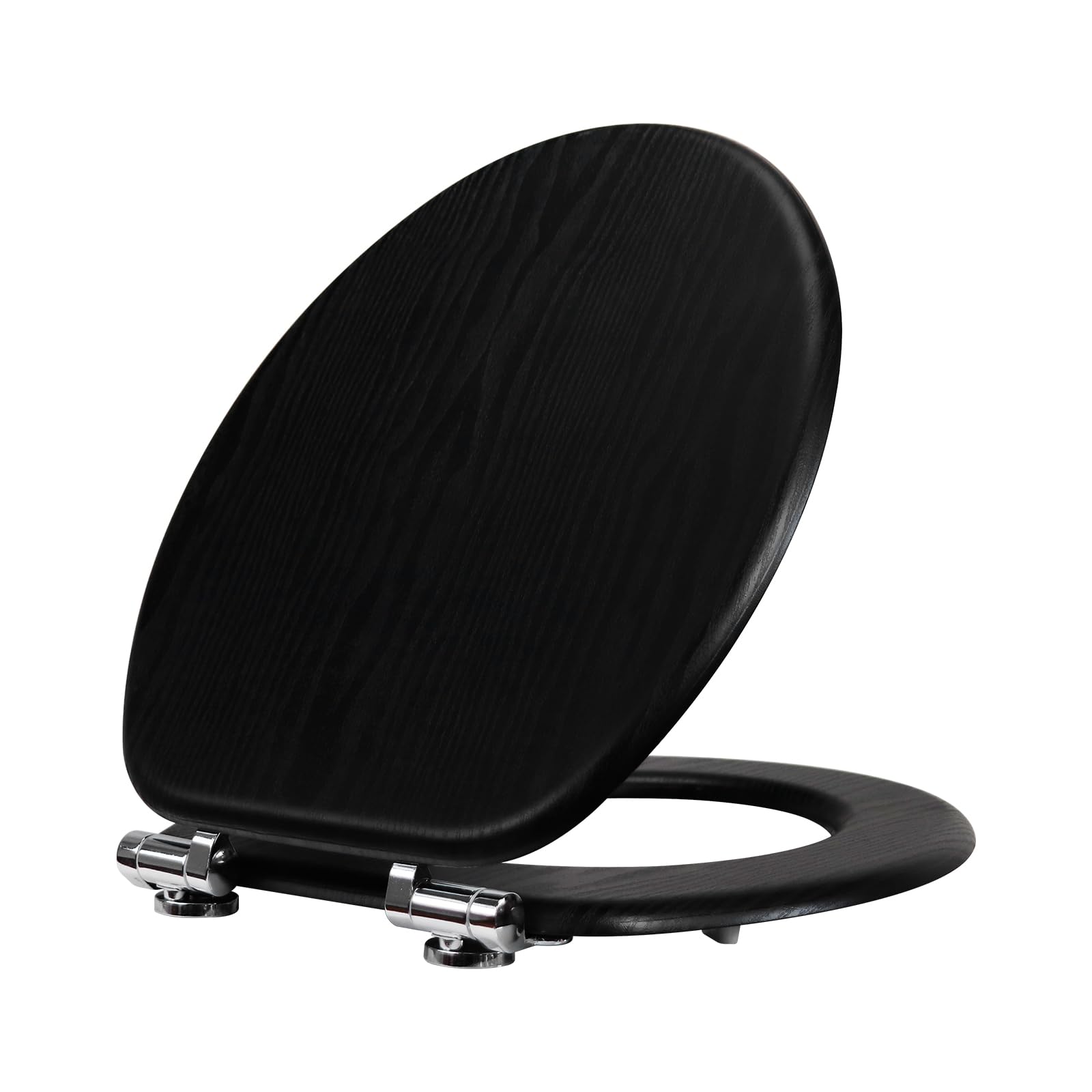 Fanmitrk Black Wooden Toilet Seat with Soft Close Adjustable Solid Hinges, MDF Wood Oval Toilet Seat (JHE1889-01)