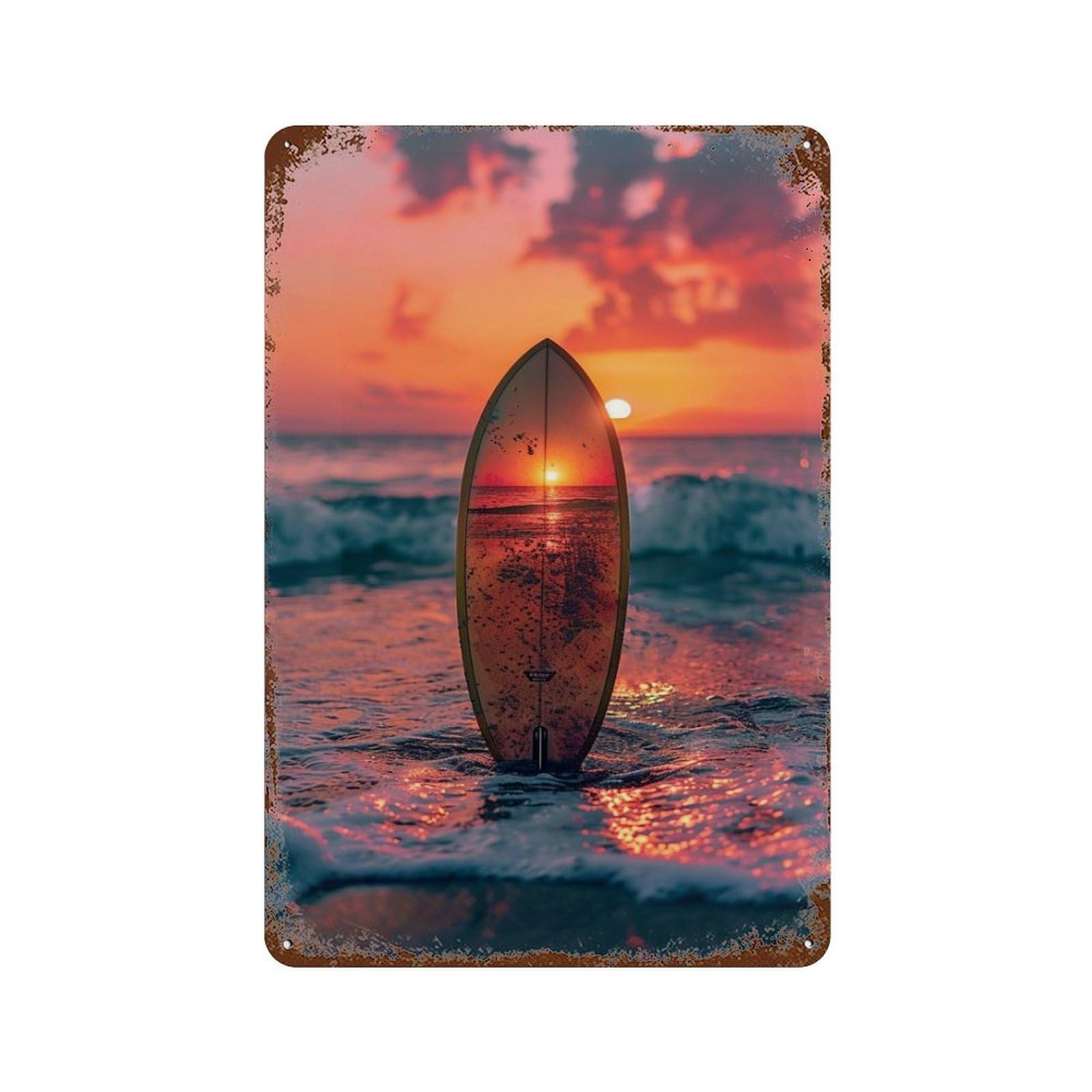 xiaoxiaoshen Vintage Sunset Beach Surfboard Wall Decor Art Metal Tin Poster Modern Home Decor Art Home Bar Shop Decorations Vintage Sign 30x20cm