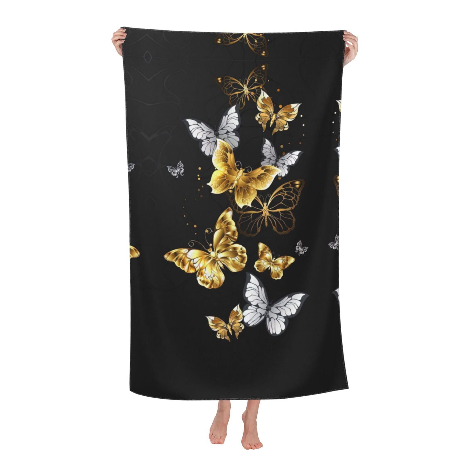 Oazcvbnn Women's White Gold Butterflies Black Print Adult Beach Towel Summer Travel Pool Vacation Swimming Fitness Outdoor Adventures