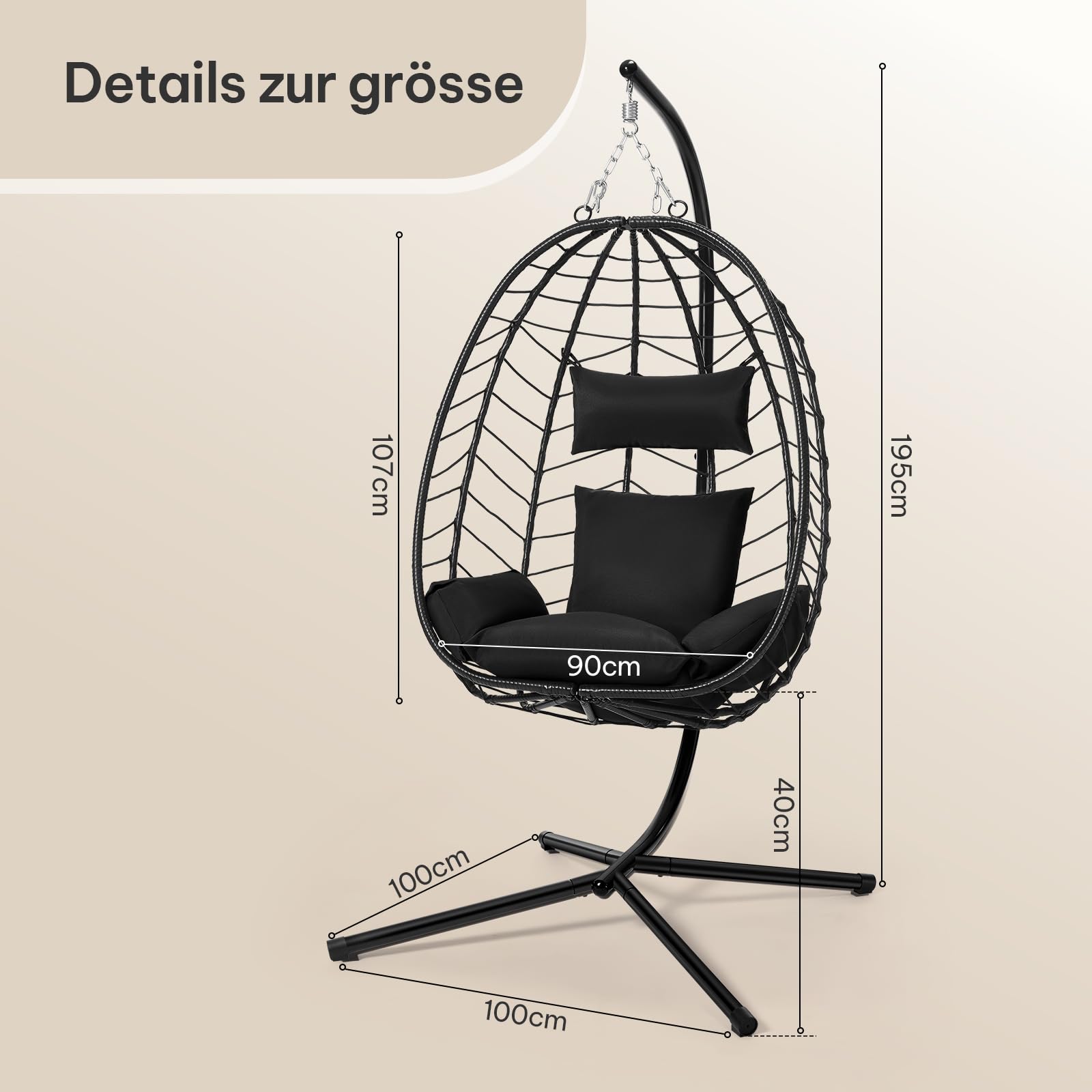 Laneetal Hängesessell mit Gestell Outdoor und Indoor, 150 kg Tragfähigkeit, PE-Rattan, Metallgestell, für Garten, Balkon, Terrasse, Wohnzimmer, 102 x 196 x 100 cm, Anthrazit