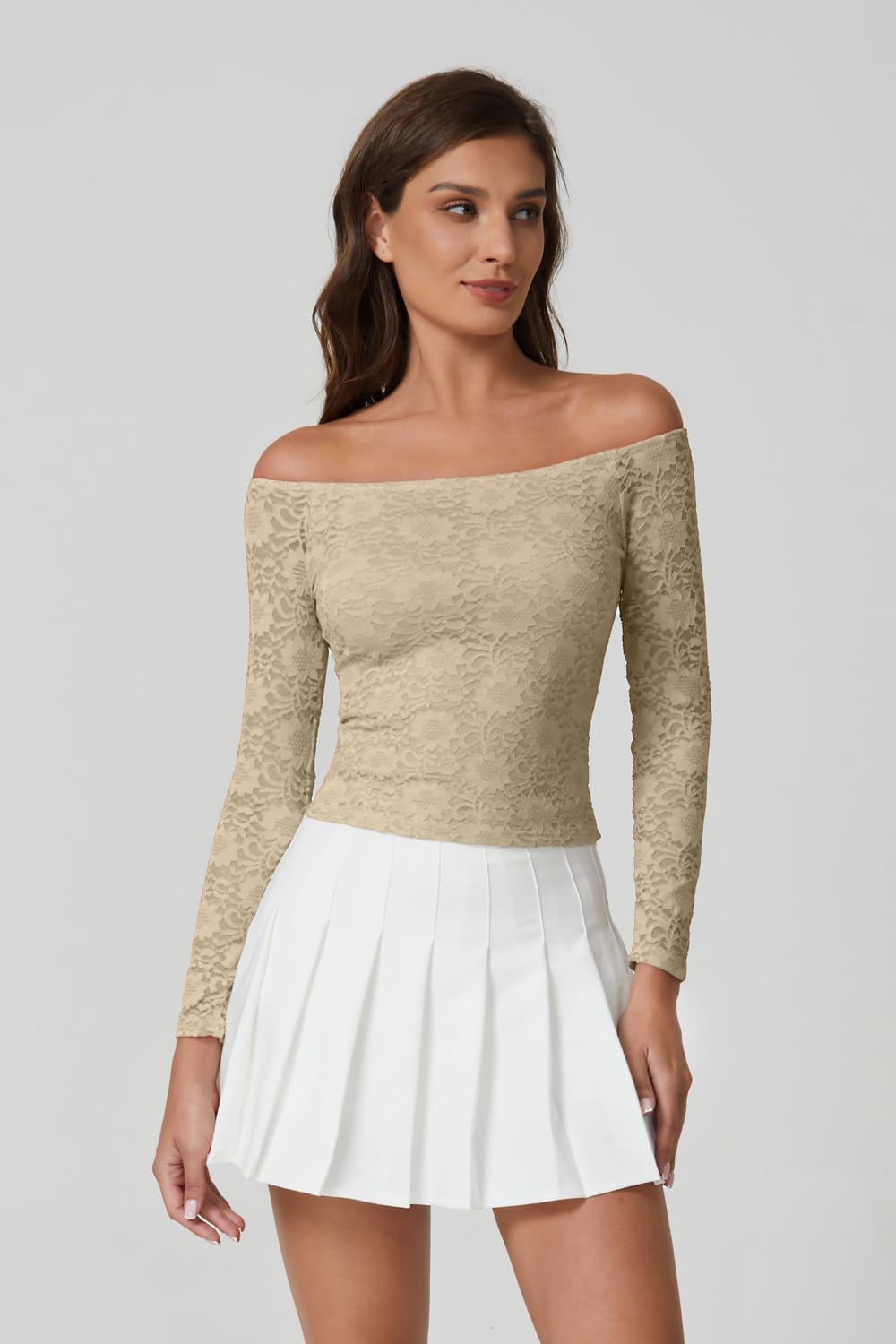 QINSEN Womens Lace Trim Off Shouder Top Long Sleeve Double Lined Y2k Trendy T Shirts - Image 4