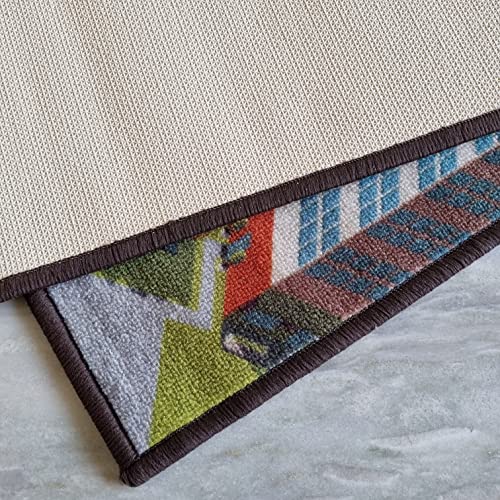 Image of Matz&More Kids Runner & Floor Mat Combo (50x120cm + 40x60cm), Anti Slip Nylon Carpet for Children's Bedroom, Playroom, Bathroom & Nursery, Car Track Green, Rubber Backed Kids Runner Rug