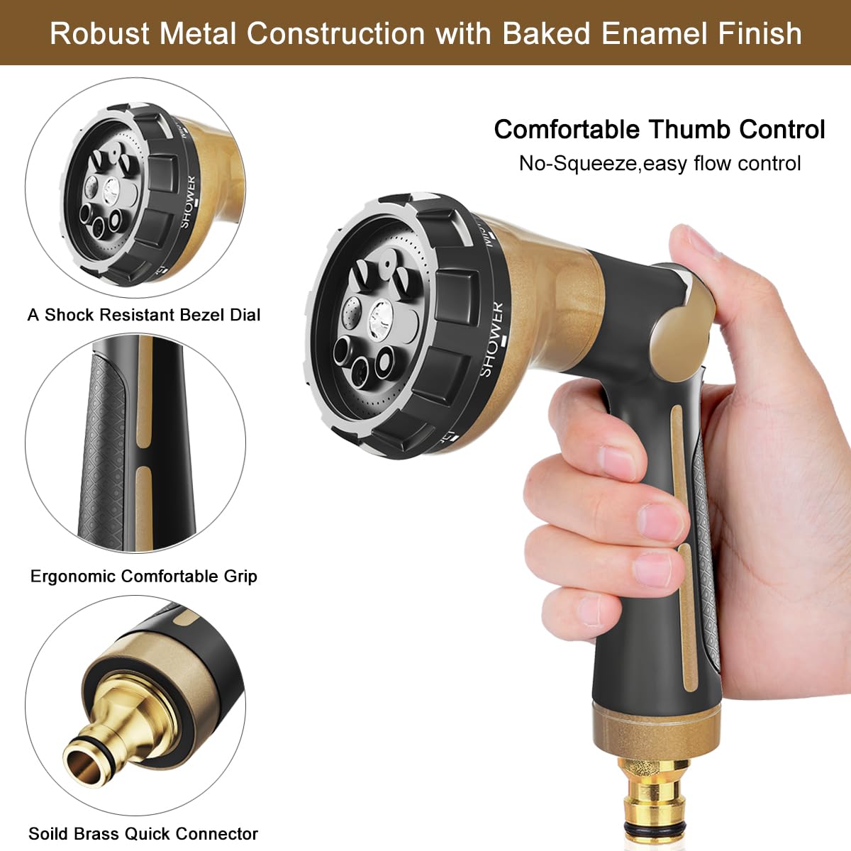 FANHAO Pistolet Arrosage 100% Metal avec 8 Modes de Pulvérisation, Pistolet d'arrosage Haute Pression, Valve Marche/arrêt à Régler avec le Pouce pour Pelouses, Voitures et des Animaux - Kaki
