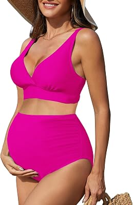 American Trends Maternity Swimsuit Two Piece V Neck High Waisted Ruched Pregnancy Bikini Bathing Suit Bump-Friendly Swimwear