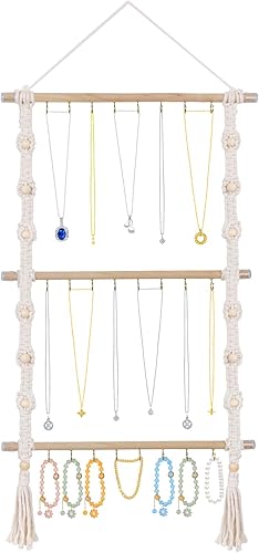 Hutuzldz Organizador de joyas colgante, soporte de collar de macramé con 30 ganchos, estante para collares montado en la pared, colgador de collar