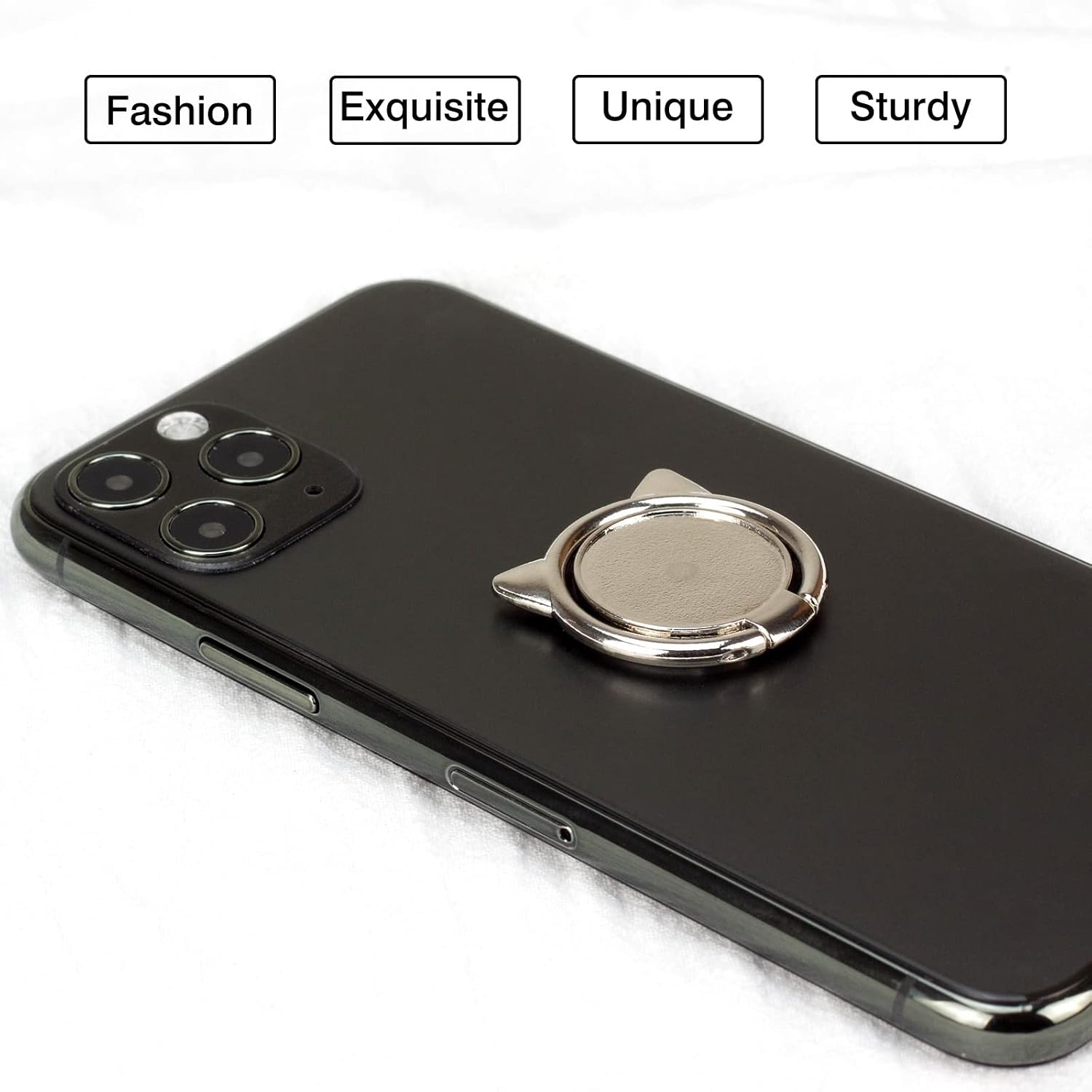 [2 Pack] Cat Ears Glossy FinishCell Phone Ring Holder Stand, 360 Degree Rotation Finger Ring Kickstand with Polished Metal Phone Grip for Magnetic Car Mount, Smartphone Accessories（Silver image 2