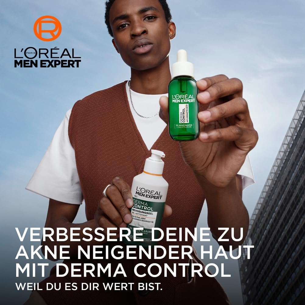 L'Oréal Men Expert Zestaw do pielęgnacji przeciwtrądzikowej dla mężczyzn, zestaw upominkowy z żelem do mycia i serum do zanieczyszczonej skóry, prezent dla mężczyzn z kwasem salicylowym i niacynamidem