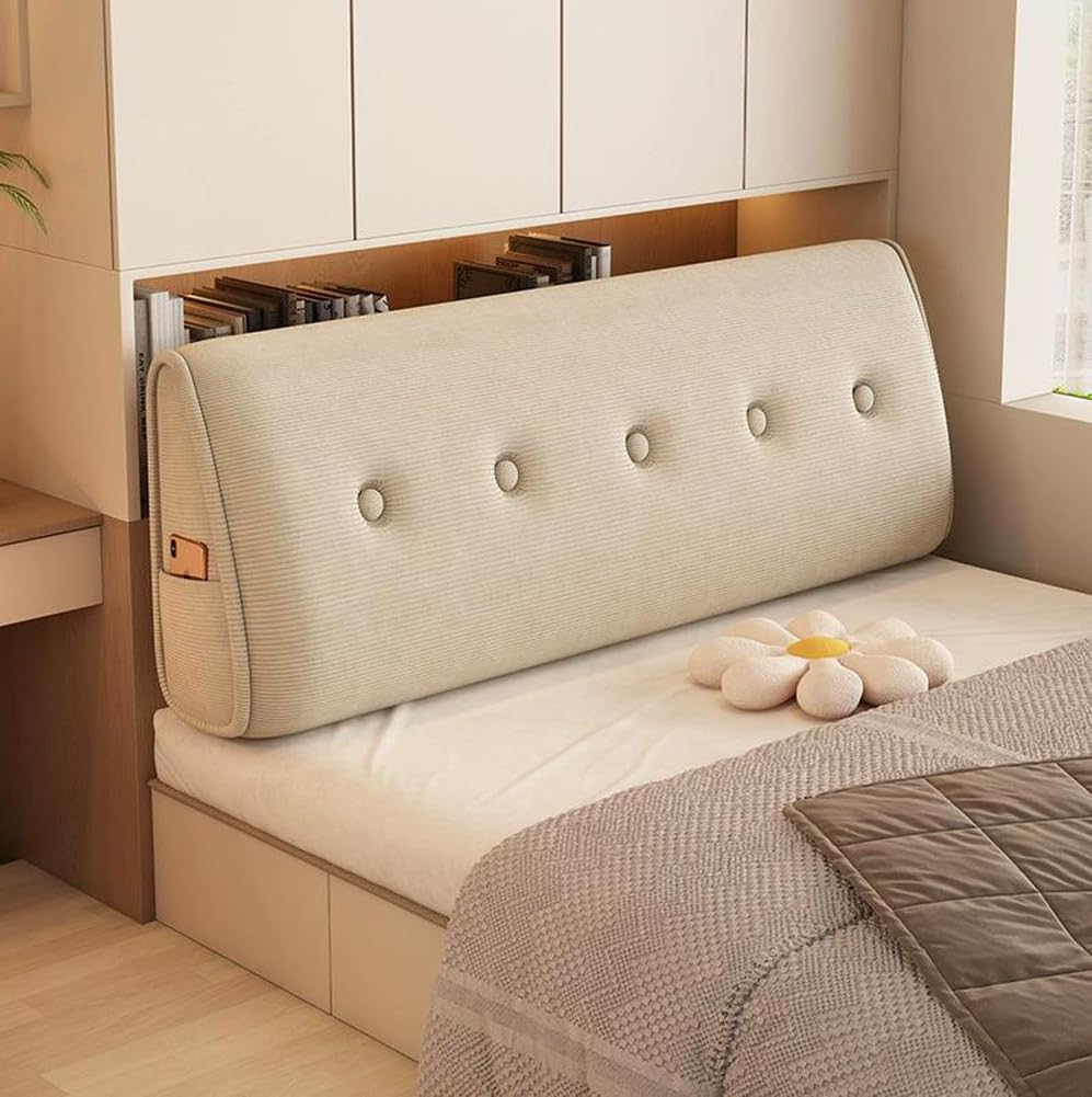HEANCRIE Large Lounge Headboard Pillow,Corduroy Triangle Pillow for Bed,Washable Backrest Cushion with Button Design,Comfort Waist Bolster for Tatami/Bed Sitting (Beige,120X50X20CM)