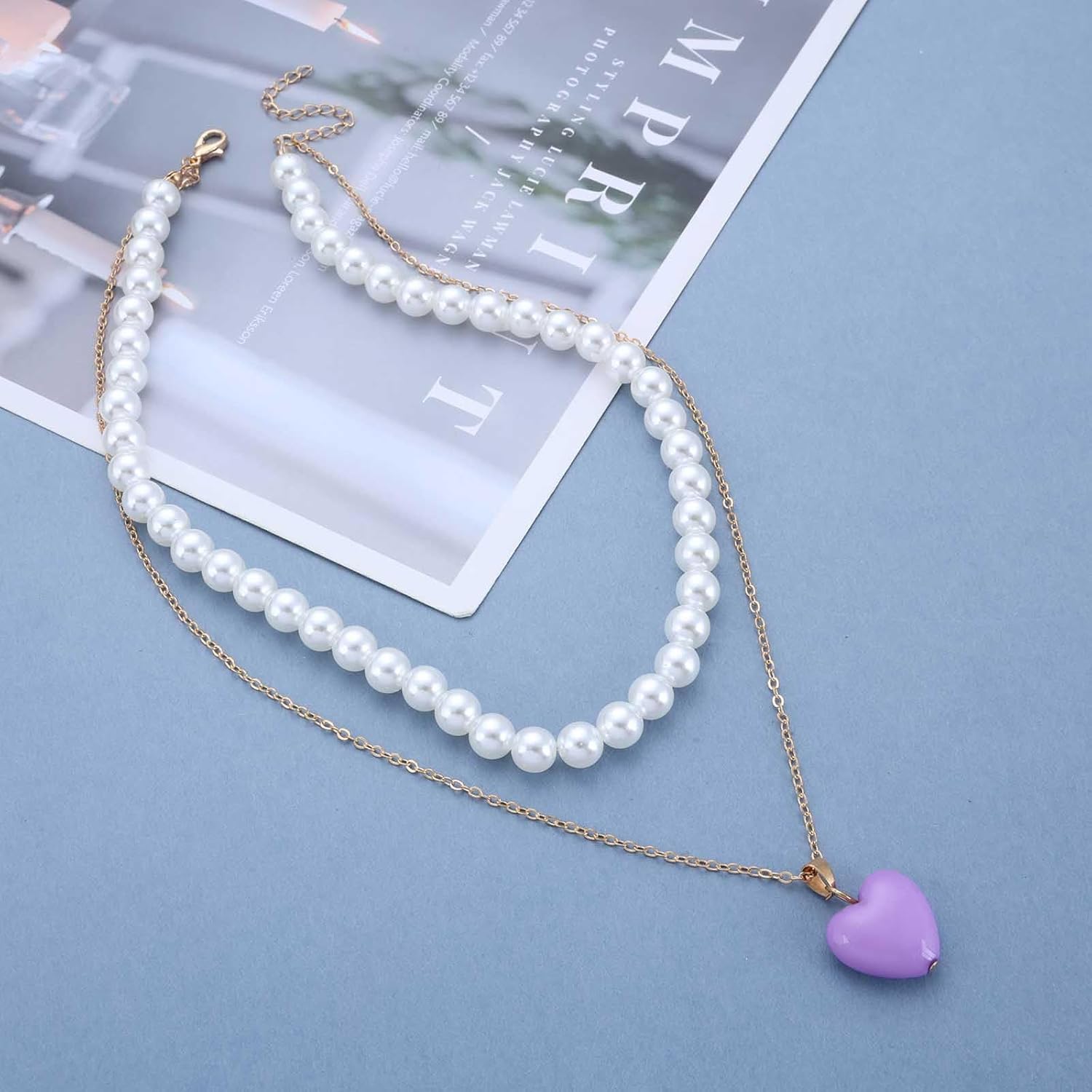 Andelaisi Boho Layered Heart Pendant Necklace Vintage Pearl Bead Choker necklace Pink Love Heart Necklace Adjustable Puffy Heart Chain Necklace Jewelry for Women - Image 3