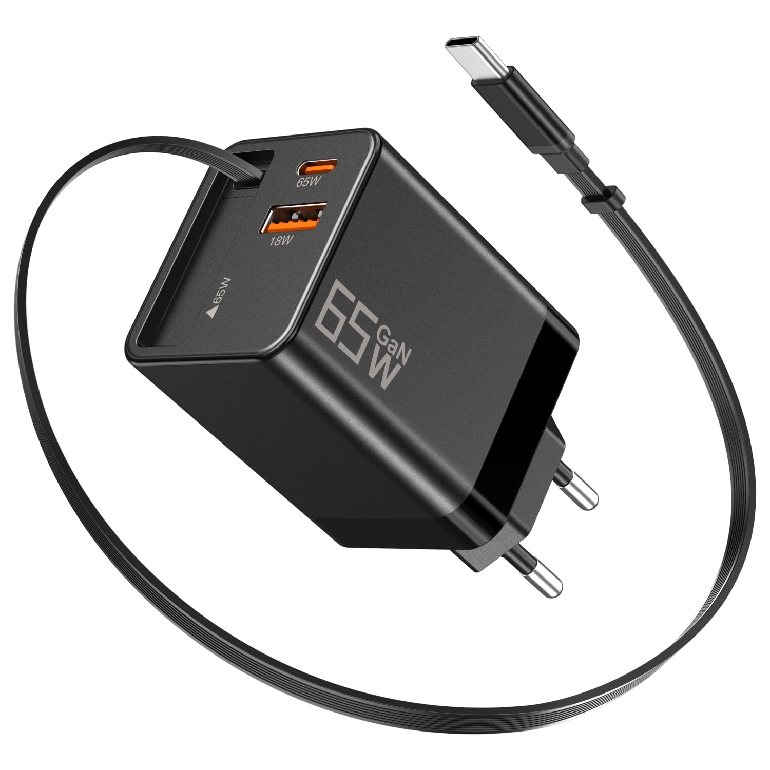 YKEJCLD USB C Ladegerät 65W GaN Netzteil mit Einziehbares Ladekabel(0,7 m) 3 Port Schnellladegerät, kompatibel mit MacBook Pro/Air,iPhone 17 Pro/Air/16/15,iPad,Galaxy S25/S24, Steam Deck usw (Black)