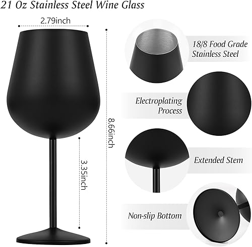Miniatura 8 de Juego de 4 copas de vino de acero inoxidable, copas de vino de metal de 21 onzas con decantador y tapón, copa de vino de acero inoxidable con tallo