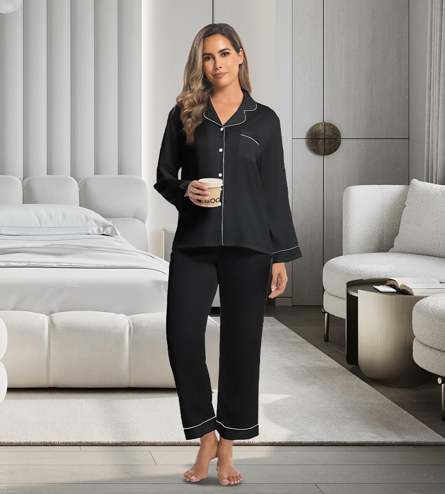 A2 Silk Satin Pajamas Set Women Long Sleeve Sleepwear Soft Button Down Loungewear Pjs Set - Image 3