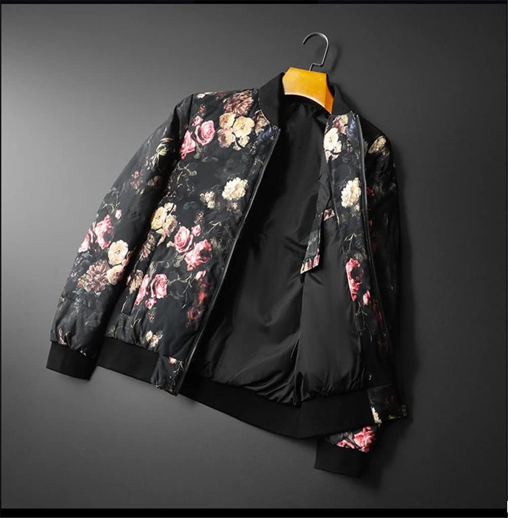Youllyuu Winter Men's Down Jackets Floral Printed Stand Collar Thick Down Coats Slim Fit Zipper Coats