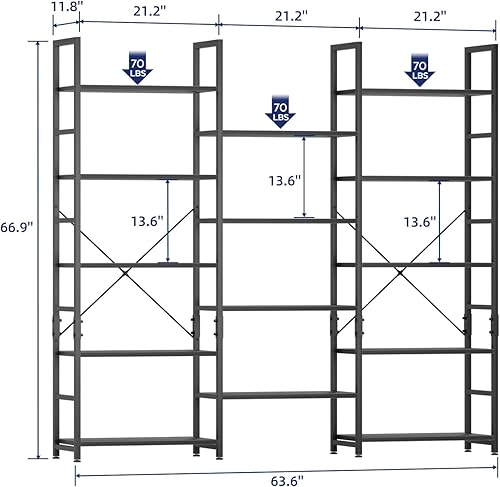 Miniatura 9 de NUMENN Estantería triple ancha de 5 niveles, estilo industrial rústico con 14 estantes abiertos, mueble alto moderno para dormitorio, sala de estar