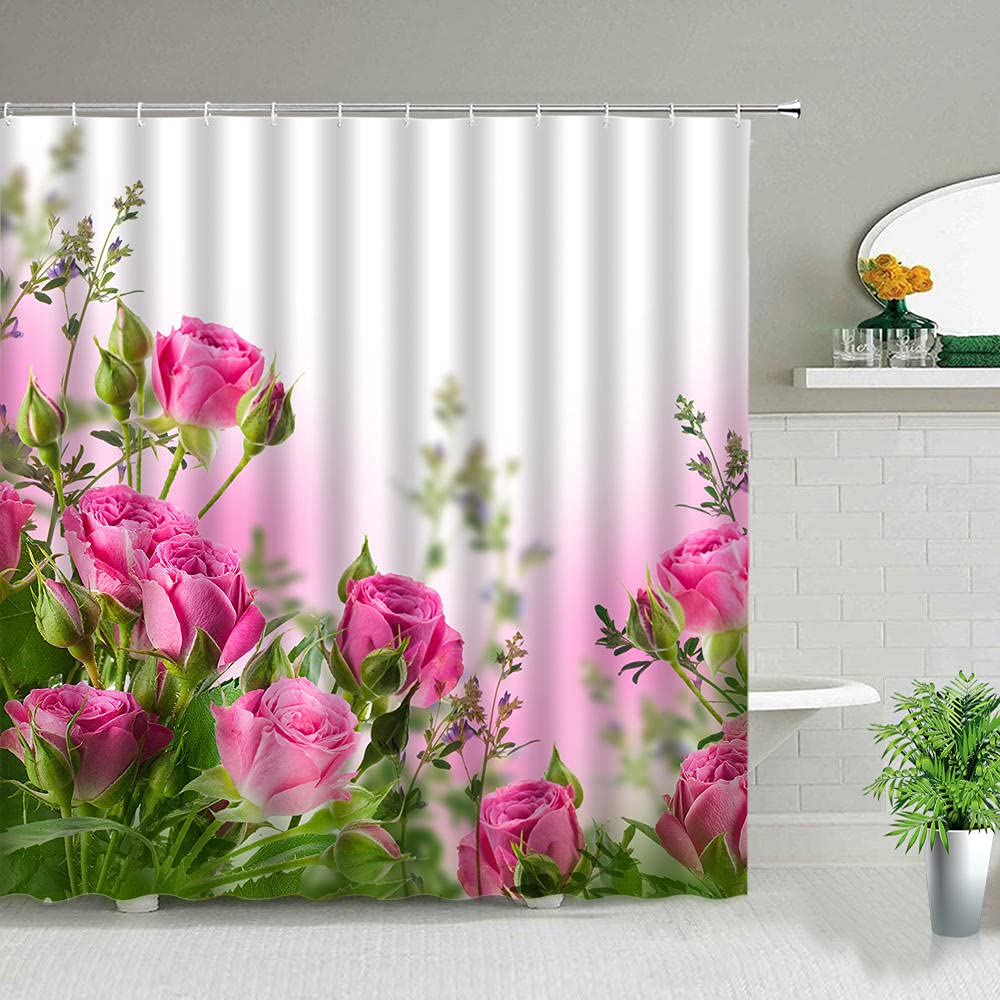 Bella rosa fiore doccia tende fiori pianta impermeabile bagno tenda set bagno decorazione casa poliestere tessuto con ganci-W180xH200cm