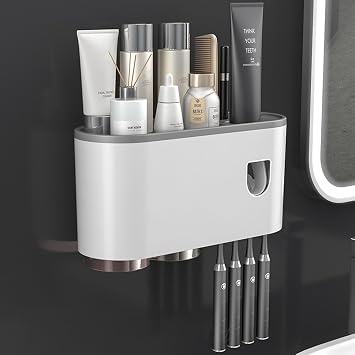 Multifunctional Wall-Mounted Toothbrush Holder, Automatic Toothpaste Dispenser Space Saving Toothbrush and Toothpaste Holder, with 2 Cup and Cosmetic Organizer Gray 2Cup