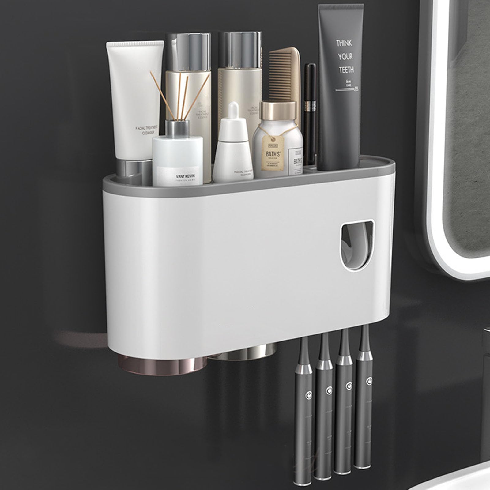 Porte-brosse à dents mural gris avec distributeur automatique et 2 gobelets