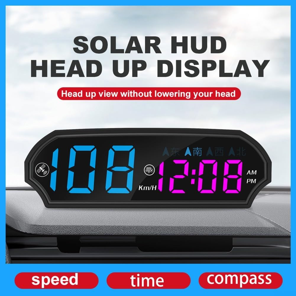 Tachimetro GPS a energia solare con bussola per auto, display a colori a LED HD, accensione e spegnimento automatico, km/h, adatto alla maggior parte dei veicoli, supporto HUD da cruscotto