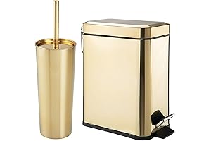 mDesign Bathroom Slim Trash Can and Toilet Bowl Brush Set in Soft Brass