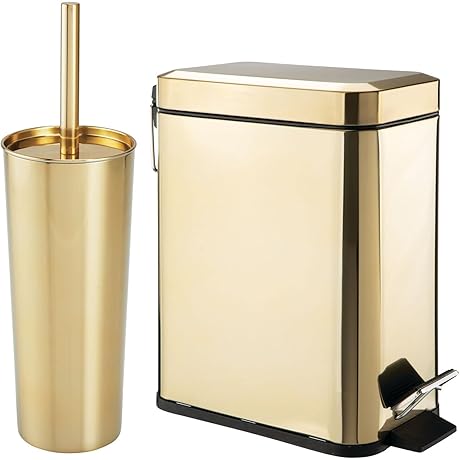 mDesign Bathroom Slim Trash Can and Toilet Bowl Brush Set in Soft Brass