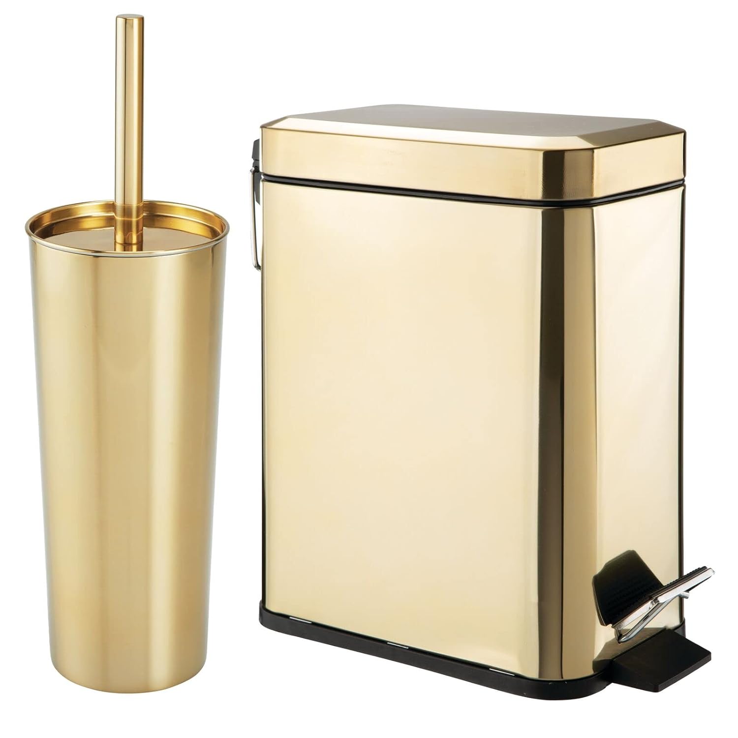mDesign Metal Freestanding Slim Toilet Bowl Brush and Holder + Rectangle Narrow 5 Liter / 1.3 Gallon Step Pedal Trash Can Wastebasket for Bathroom - Small, Compact Design - Set of 2 - Soft Brass